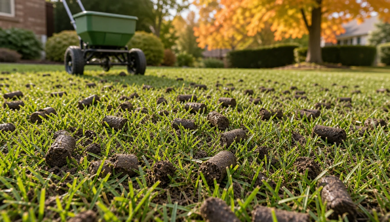 core aerated cool season lawn with soil plugs on surface
