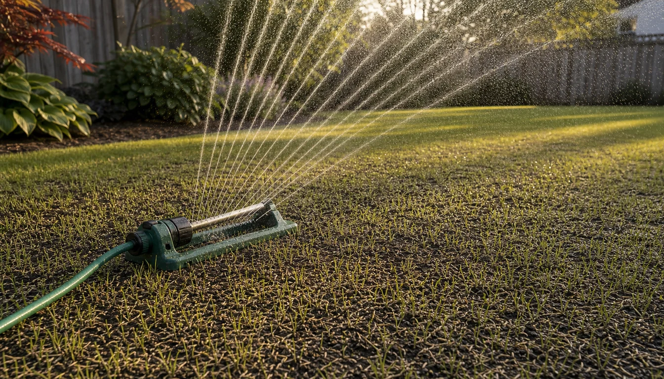 oscillating sprinkler watering freshly overseeded lawn