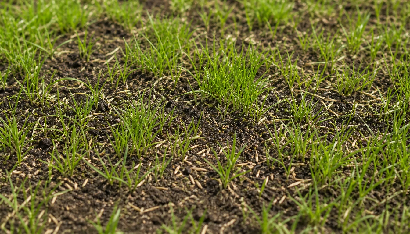 closeup of overseeded lawn with green seedlings and bare soil patches