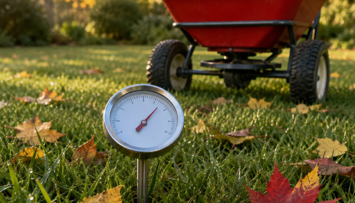 A soil thermometer standing in a lawn beside a broadcast spreader before fall overseeding