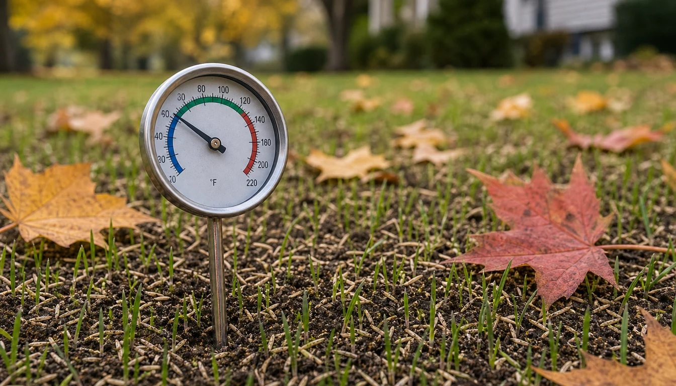 soil thermometer in cool season lawn in fall