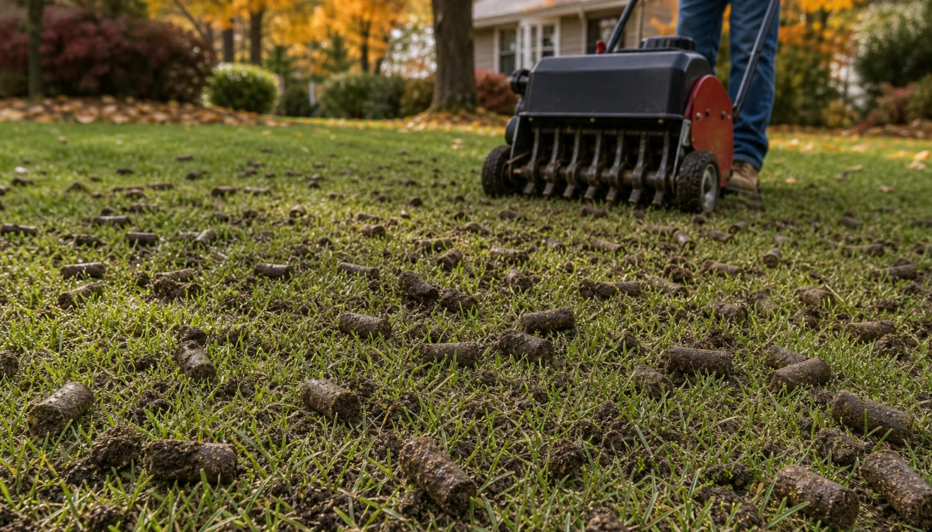 core aeration plugs on cool season lawn before overseeding