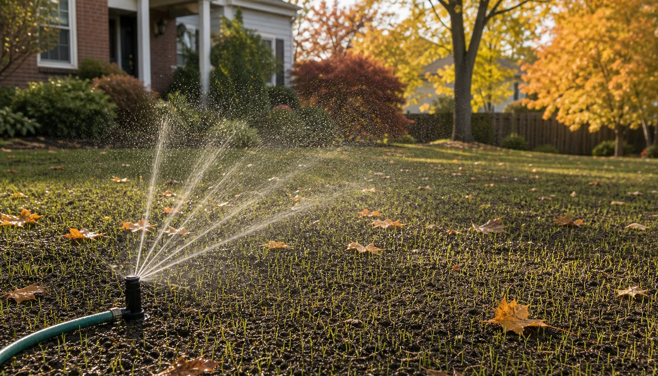 sprinkler watering newly seeded cool season lawn in fall