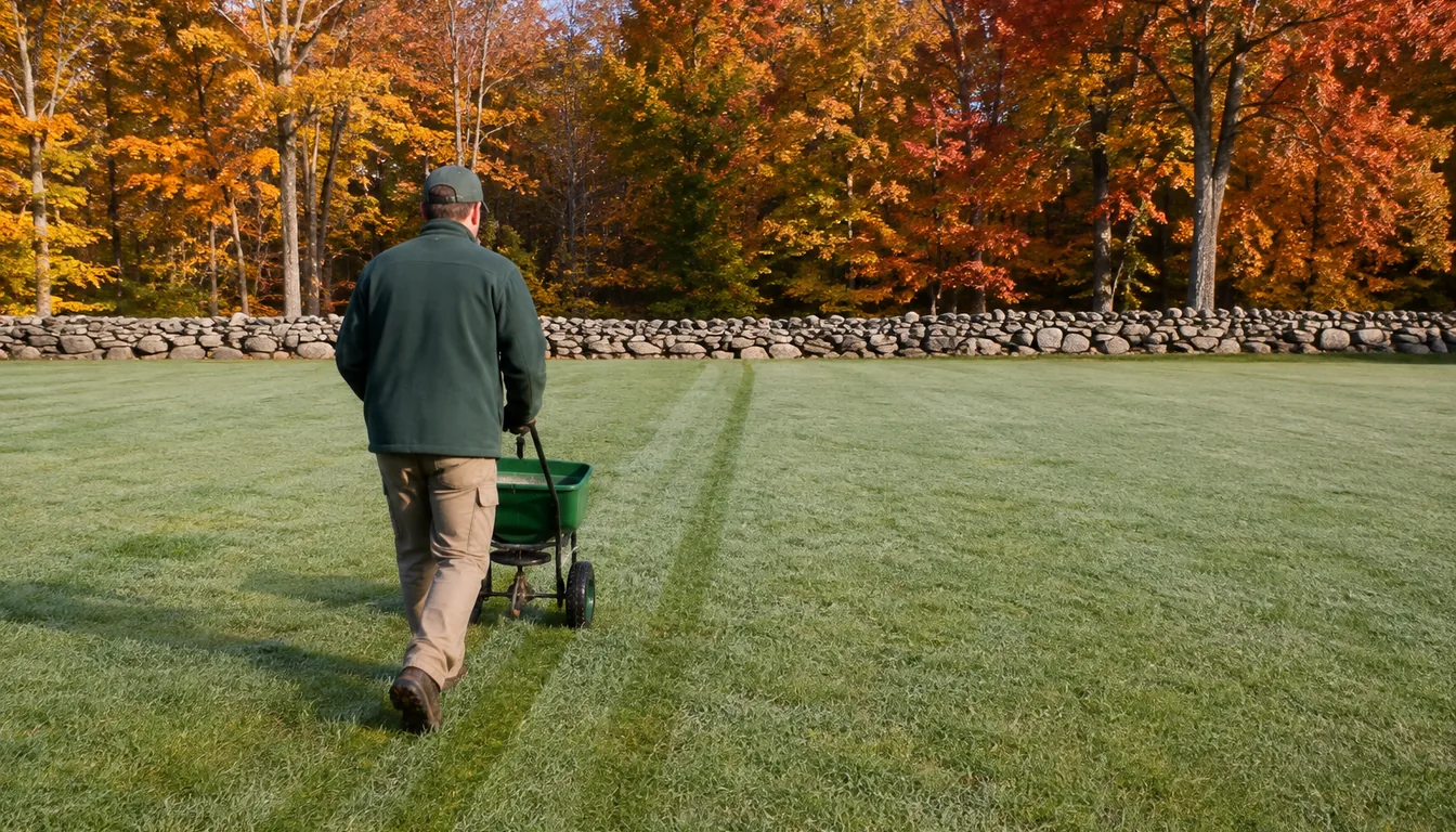 A gardener pushing a broadcast spreader across a wide lawn with a fieldstone wall along the far edge and hardwoods in full autumn color beyond