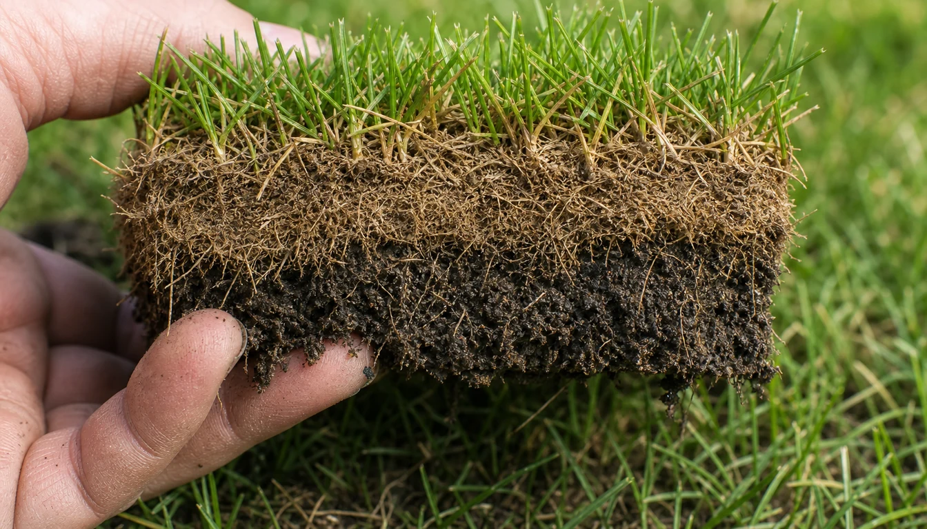 closeup showing thatch layer between grass and soil in lawn