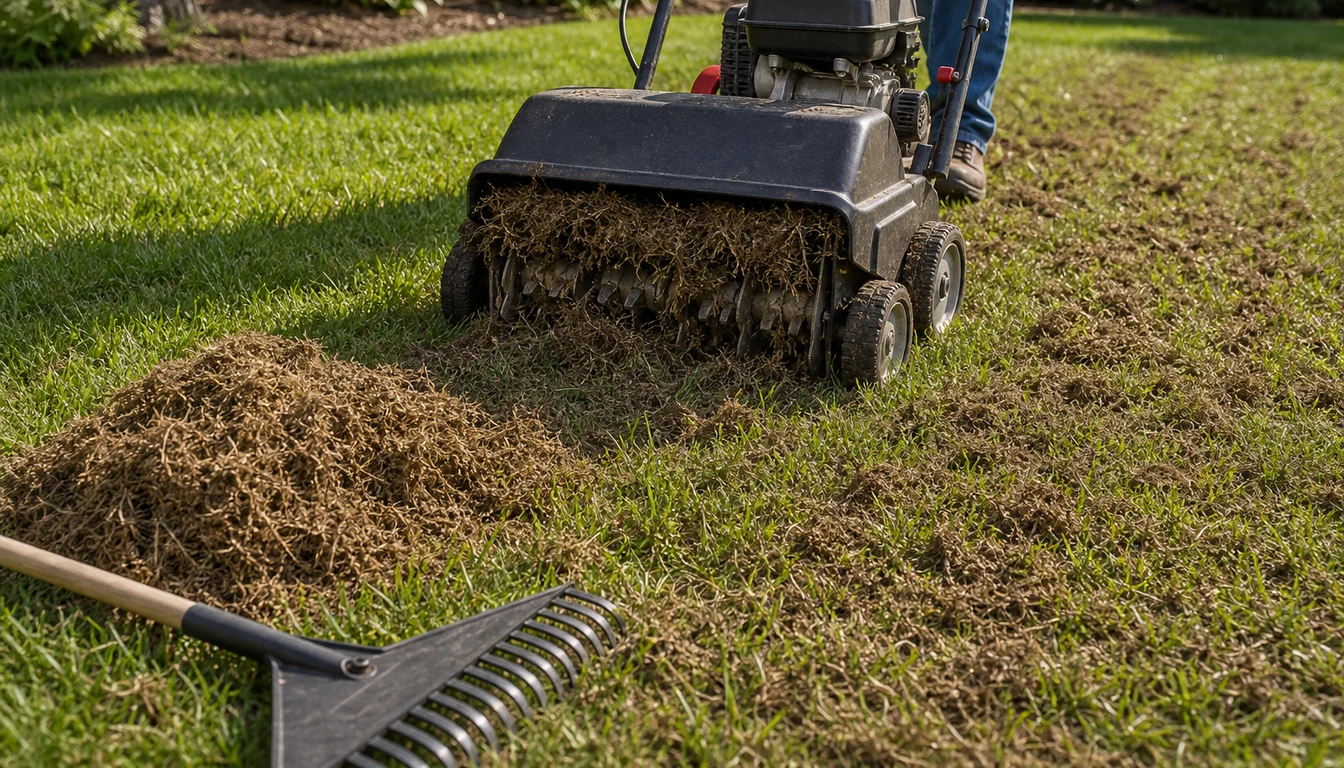 lawn dethatching machine pulling up brown thatch from green grass
