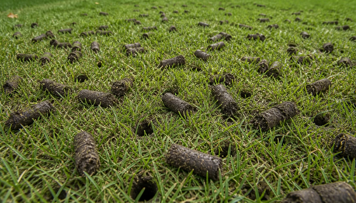 core aeration plugs scattered on cool season lawn