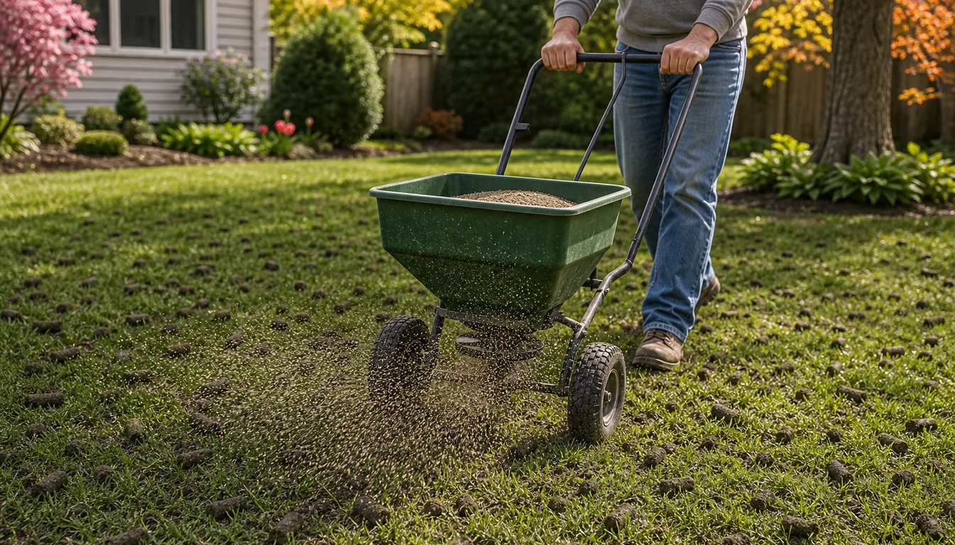 homeowner overseeding lawn after core aeration