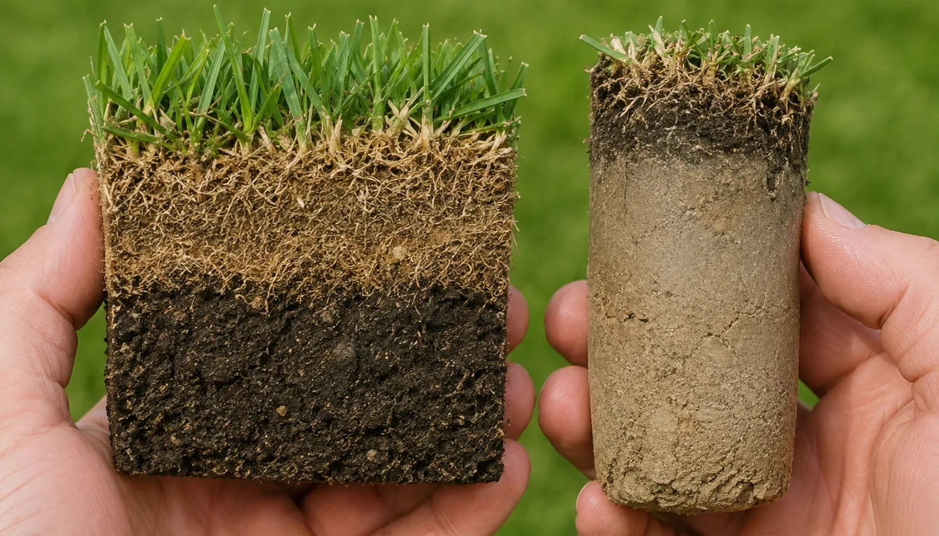 A turf wedge with a visible brown thatch layer beside soil cores removed by a hollow-tine aerator