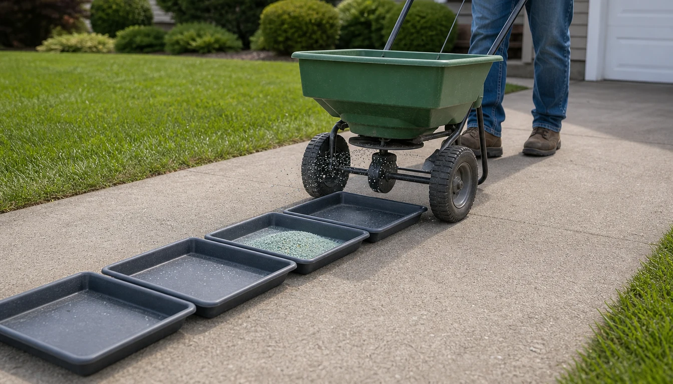 homeowner testing fertilizer spreader settings on a driveway with catch trays