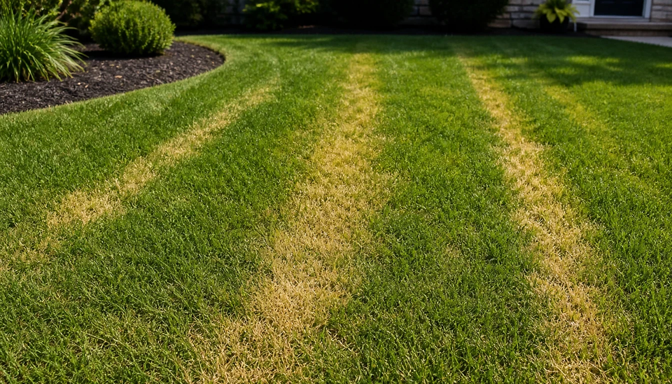 closeup of fertilizer burn stripes on residential lawn