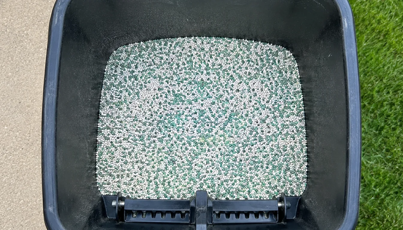 Looking down into the open hopper of a drop spreader half full of green and white fertilizer granules with the metering gate visible at its base