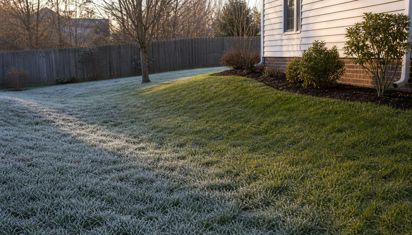 backyard lawn showing frost in low spot and bare grass near house foundation