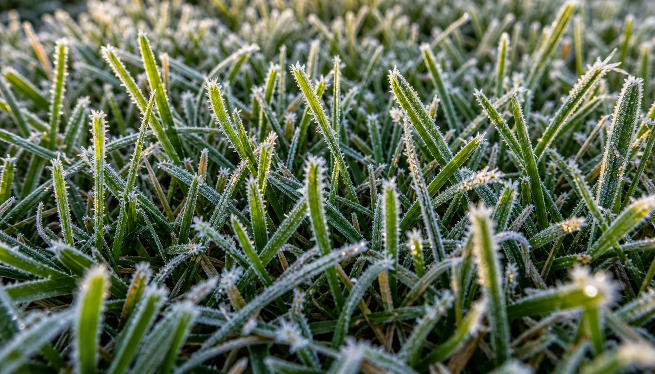 closeup of frost crystals on green lawn grass blades
