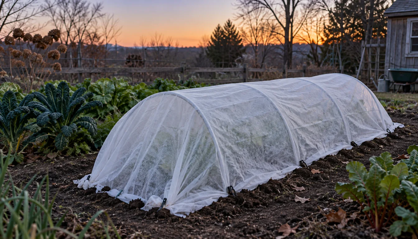 Lightweight row cover held above a fall vegetable bed on hoops before a clear cold night