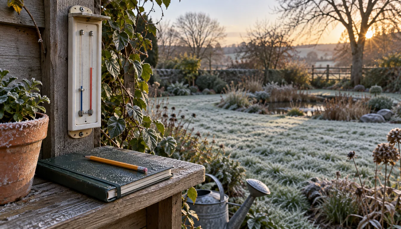 Minimum-maximum thermometer and garden notebook overlooking a frosty yard at sunrise
