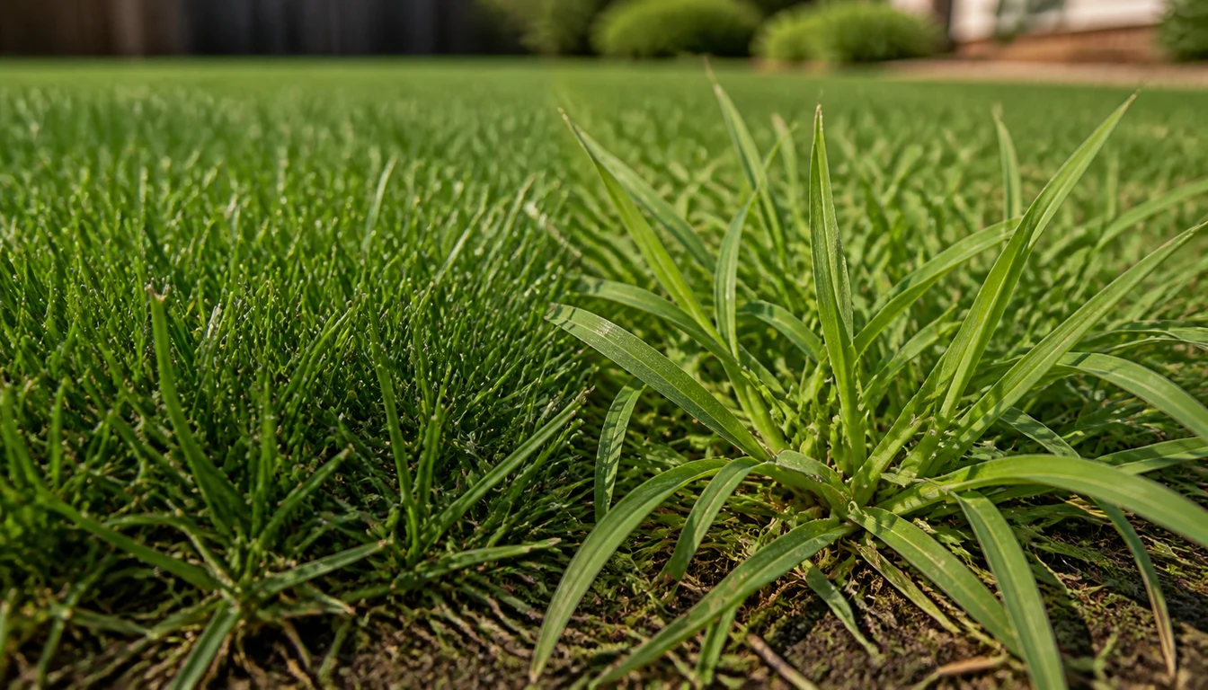 close-up comparison of lawn grass versus grass-like weed in yard