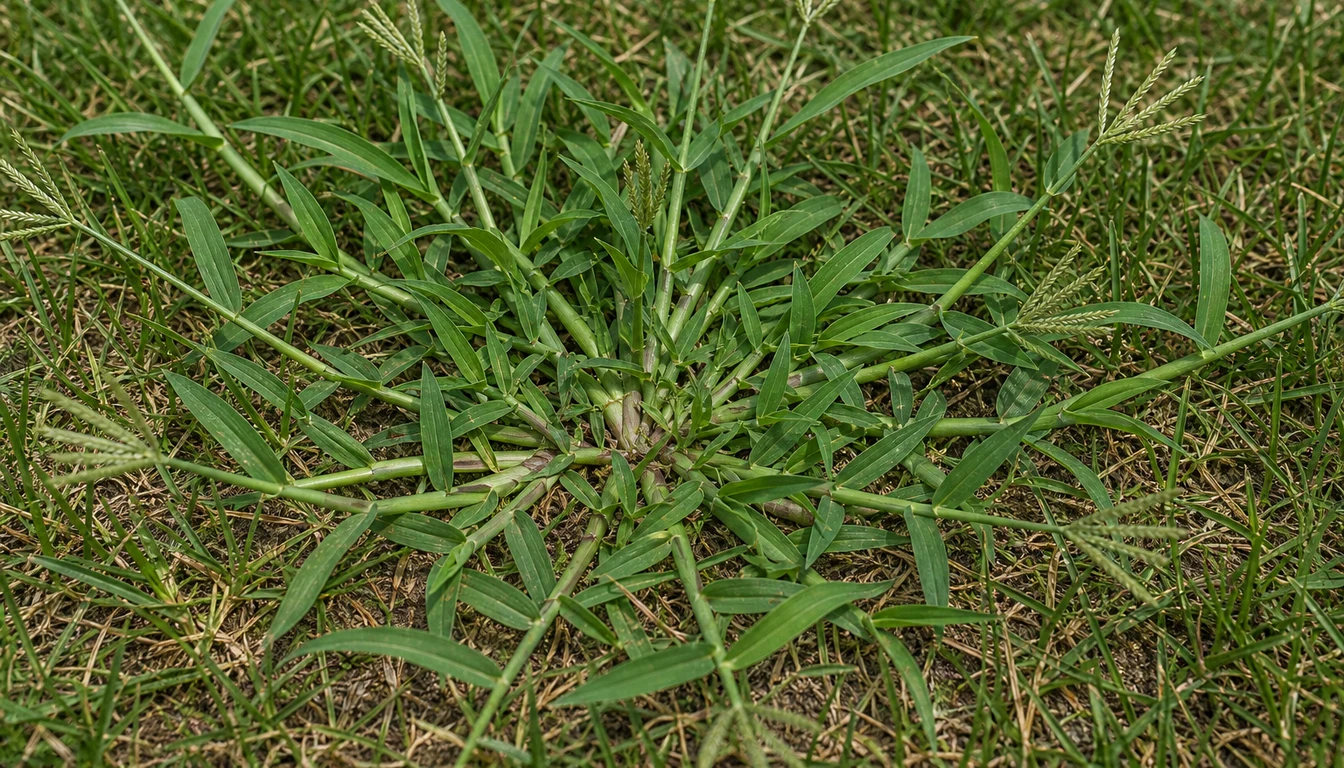 crabgrass mat with finger-like seed heads in a home lawn