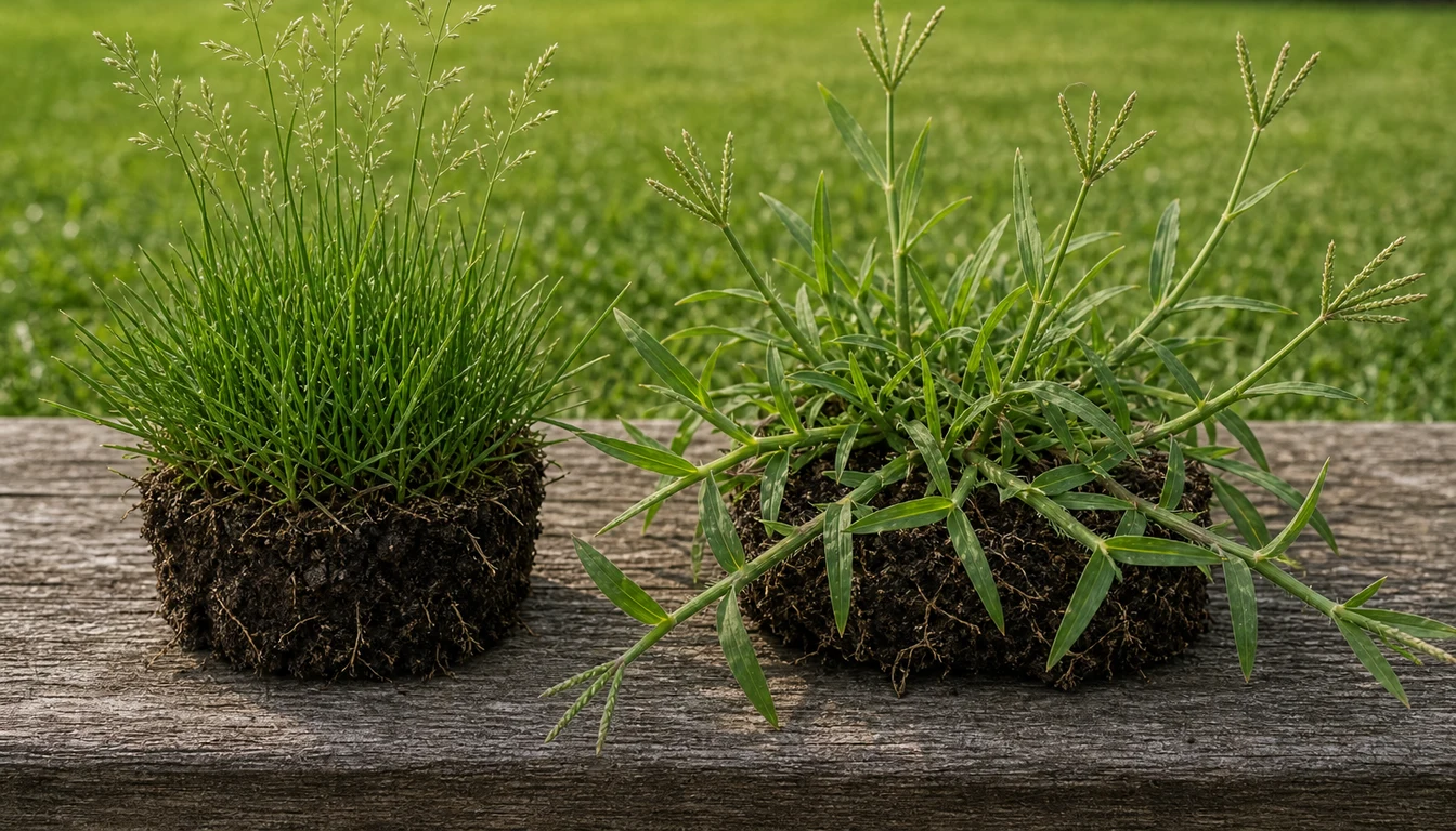 side by side photos of winter annual bluegrass and summer crabgrass in lawn