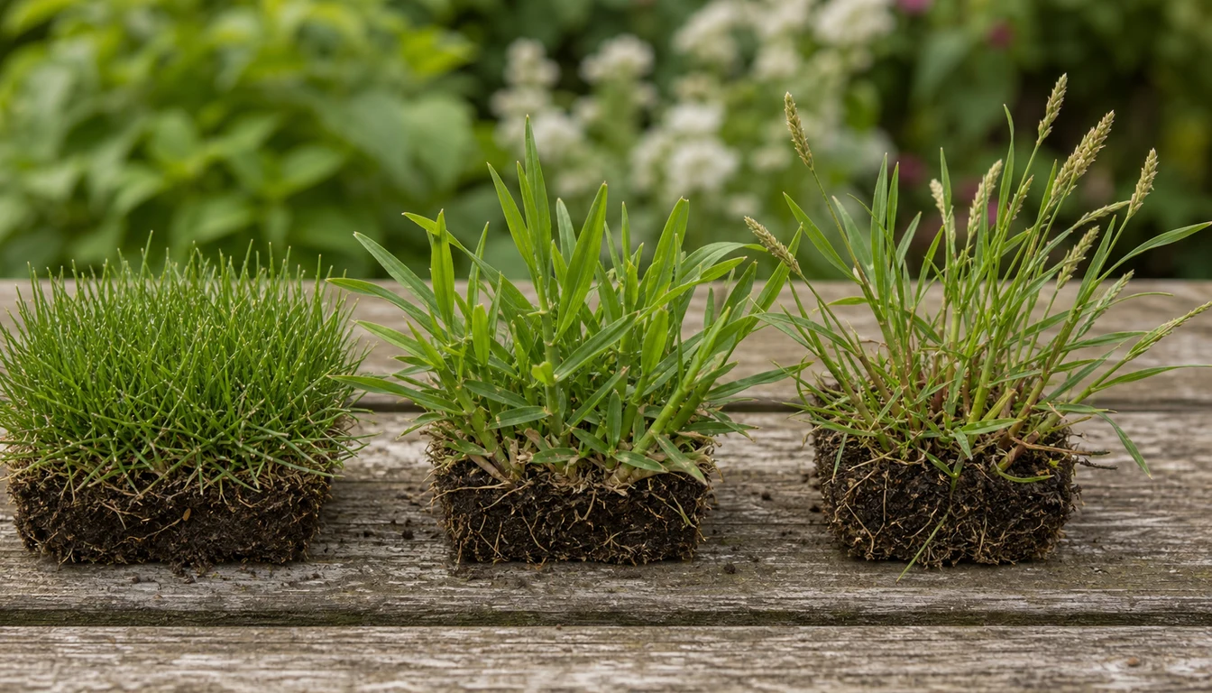 closeup photos of lawn grass and grassy weeds that look similar