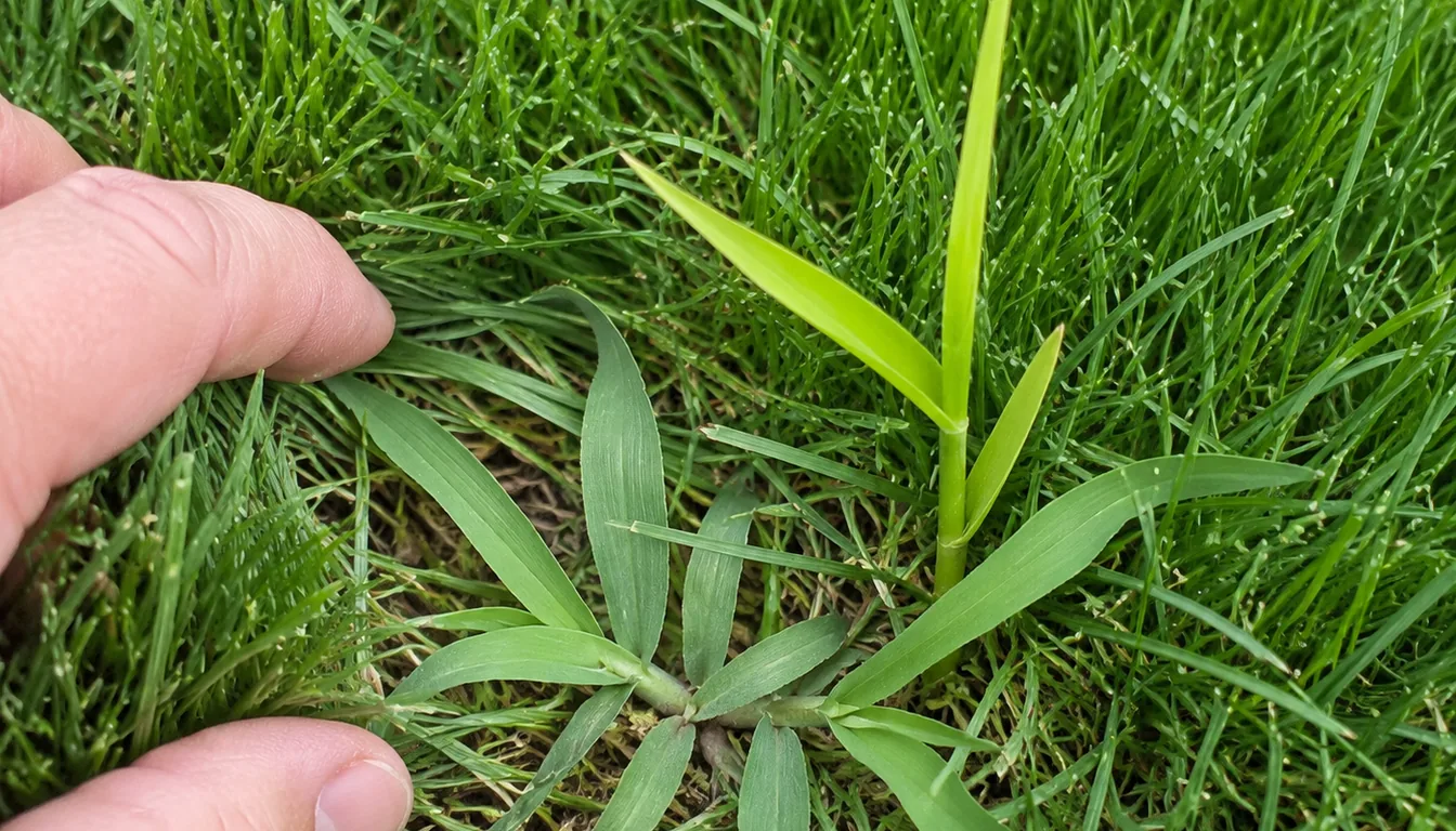 A hand parting fine lawn blades to reveal a coarse pale green crabgrass plant growing flat in a spreading star of wide blades