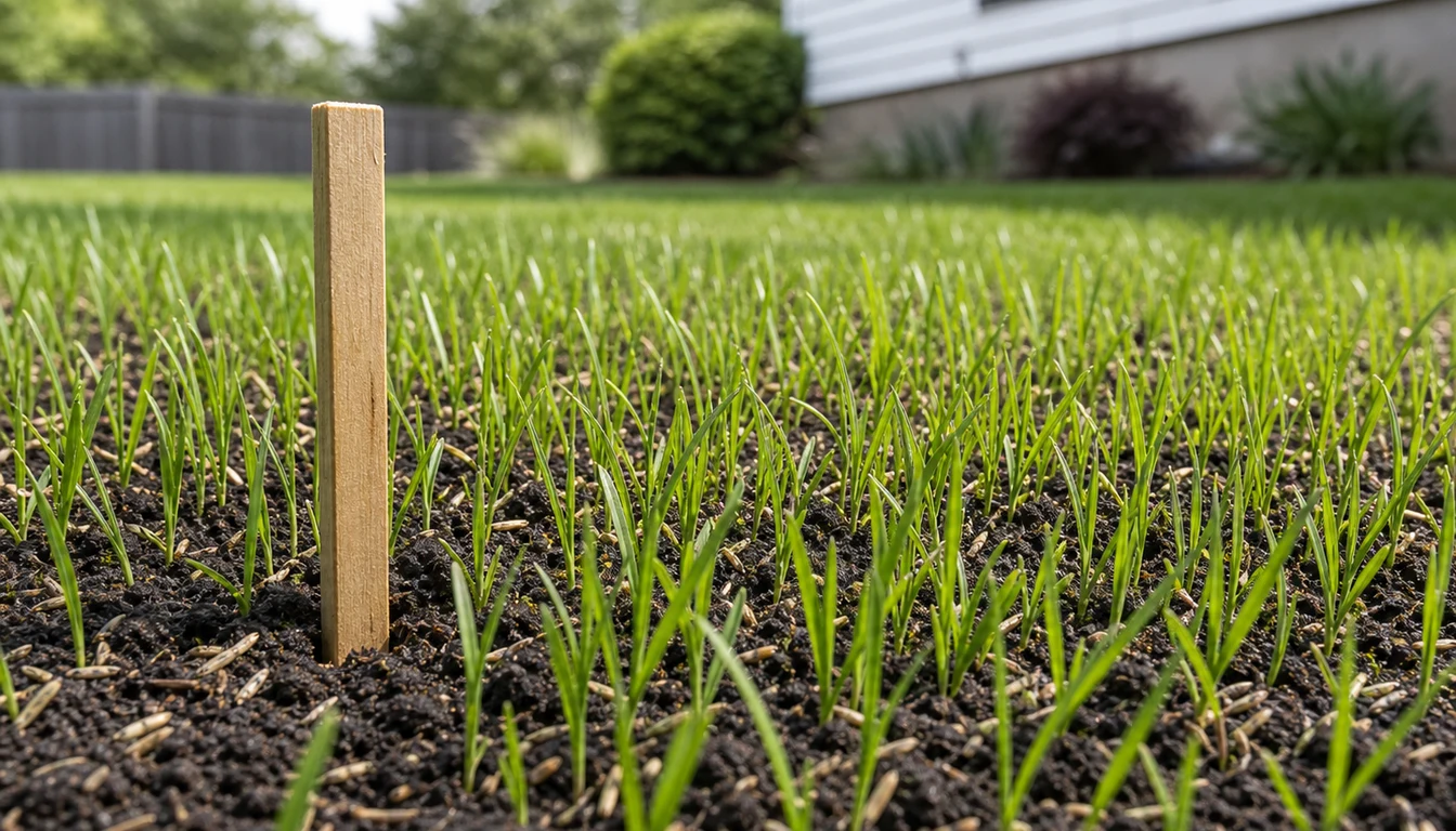 closeup of new grass seedlings at two inches tall in a lawn