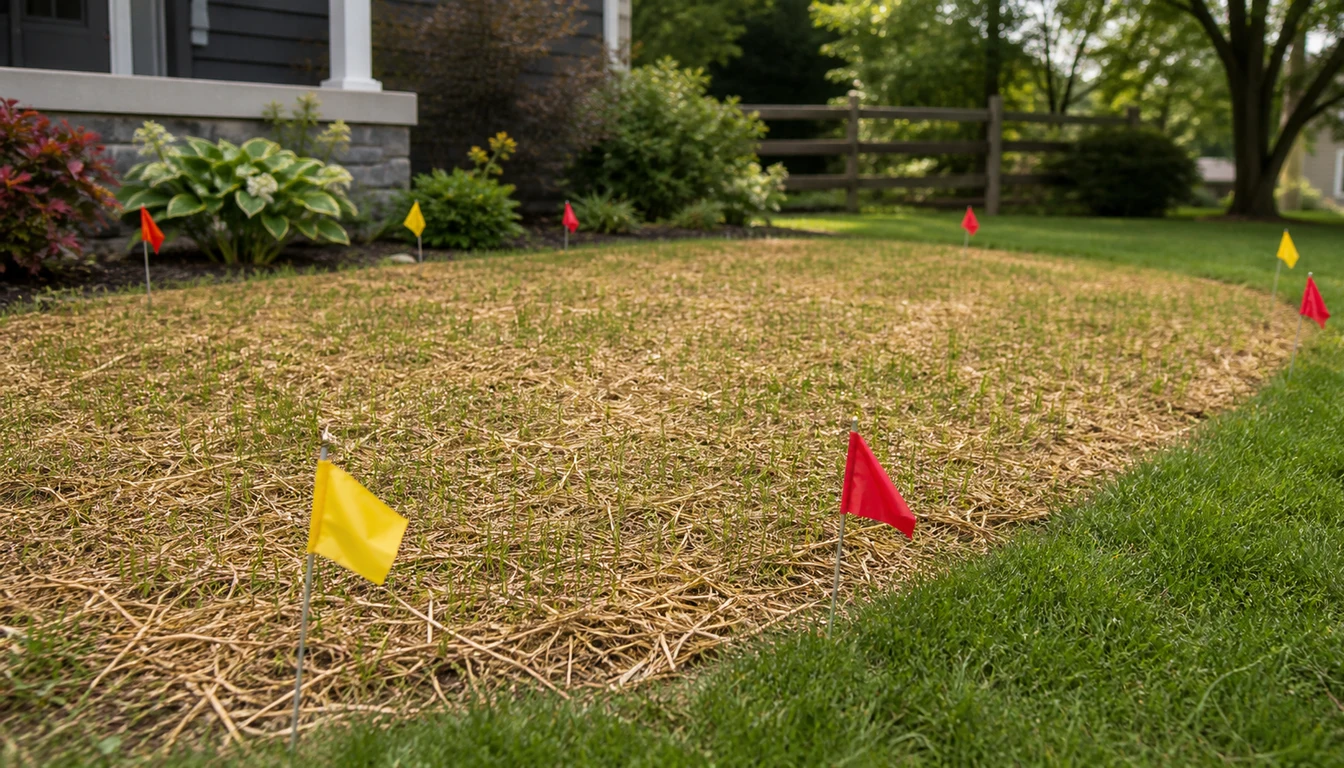 newly seeded lawn area with flags marking no-walk zone