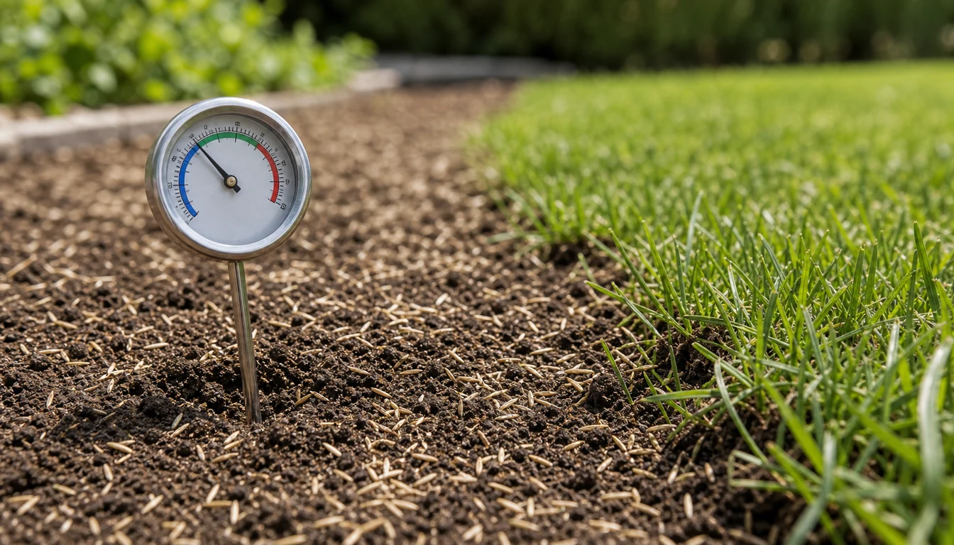 soil thermometer measuring temperature in lawn area before seeding