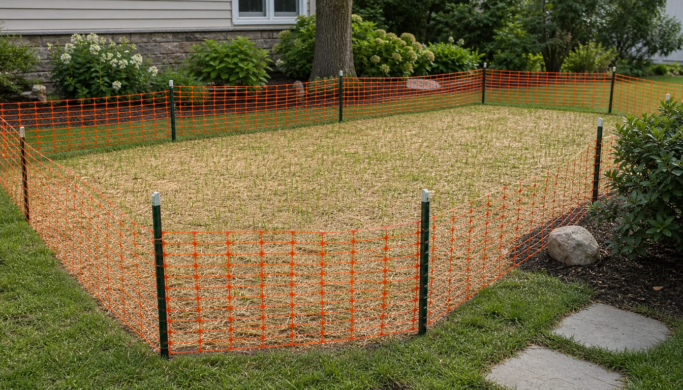 temporary plastic fencing protecting newly seeded lawn from pets and kids