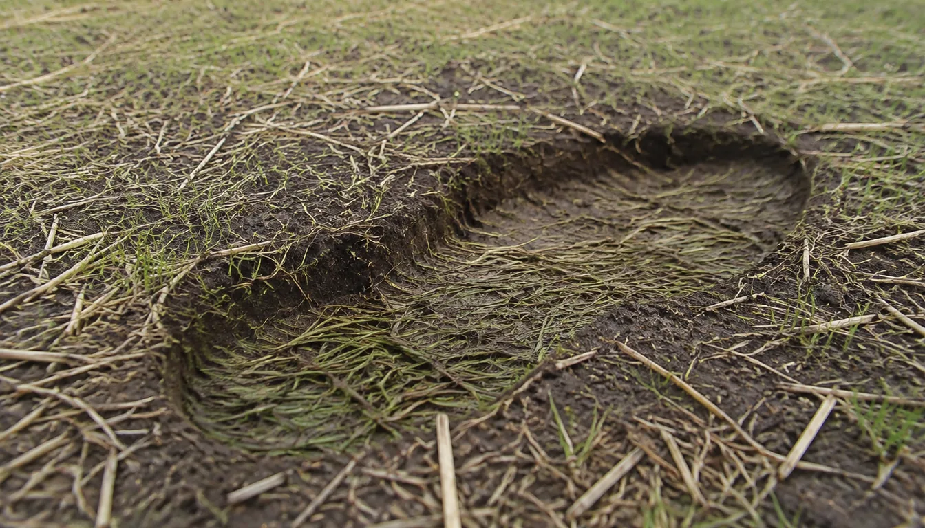 A freshly seeded patch under thin straw with new grass seedlings coming through in a green haze and one deep boot print crushing the seedlings flat