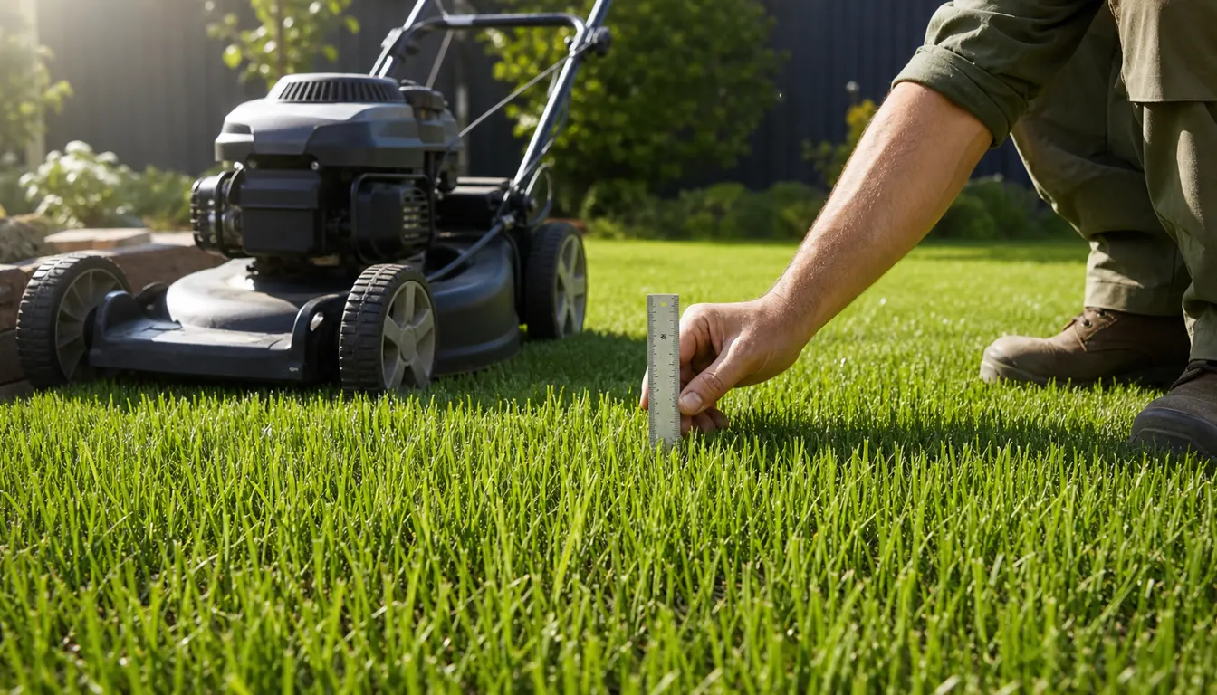 Gardener measuring dense new grass at about three inches tall before moving a mower onto the lawn