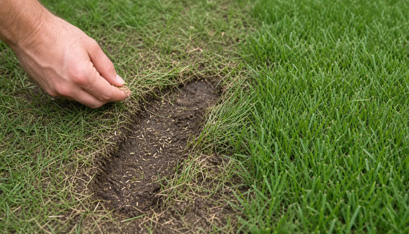Shoe-shaped rut flattening young grass seedlings as a hand adds seed to the exposed soil