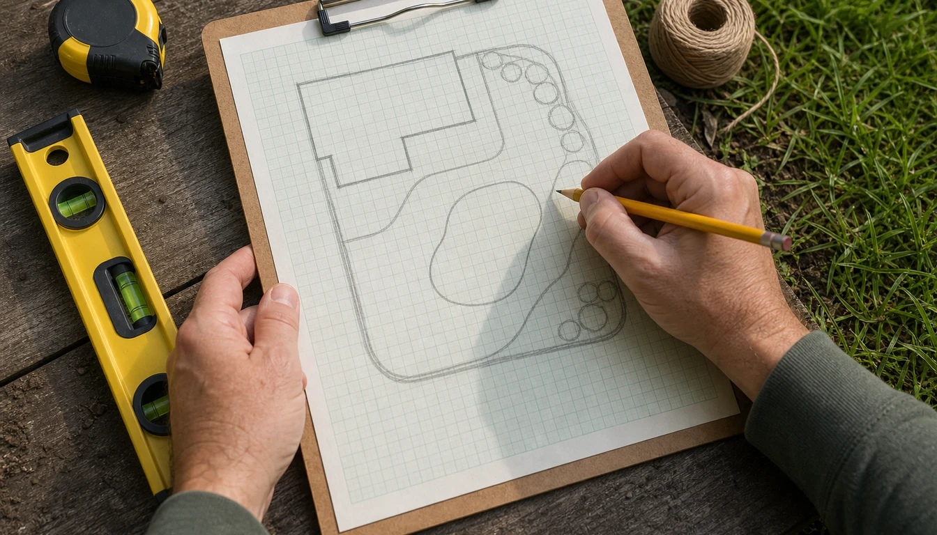 homeowner sketching yard zones to level on graph paper