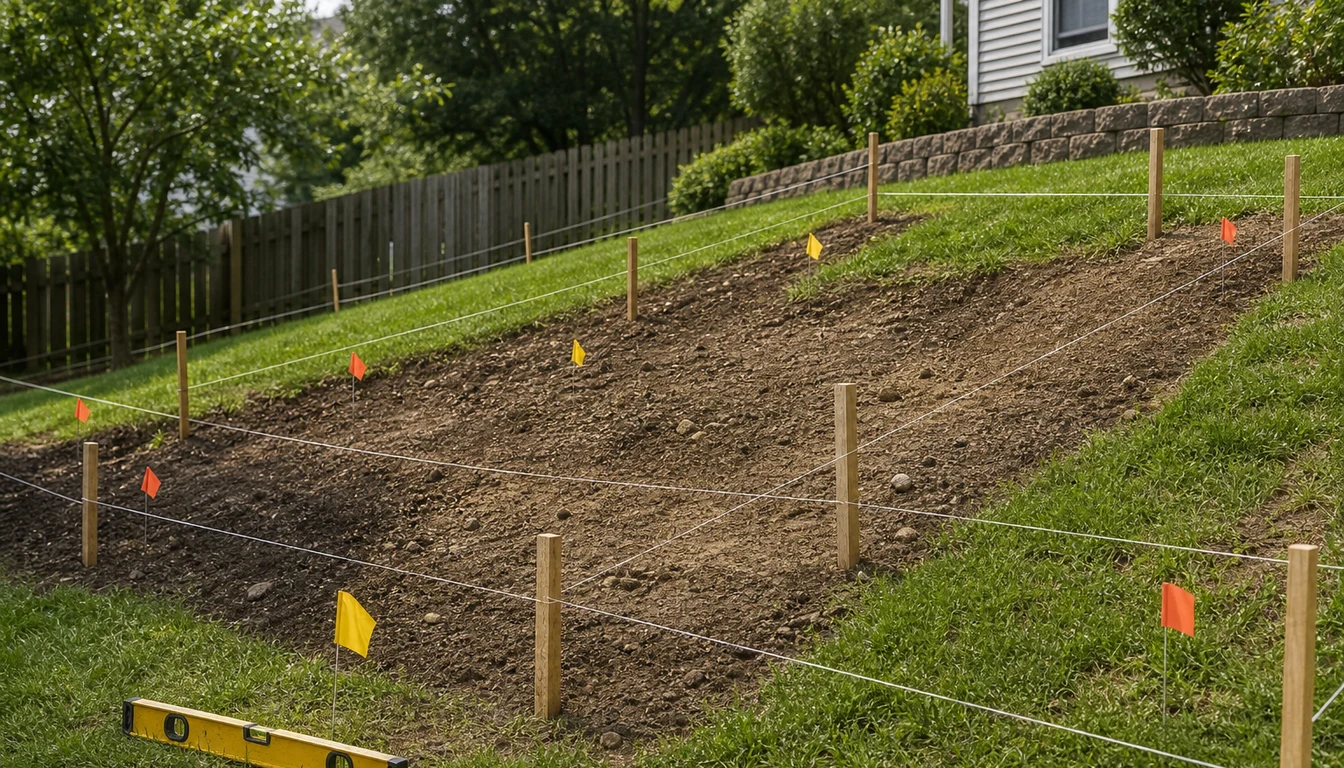 stakes and string lines marking cut and fill zones on sloping yard