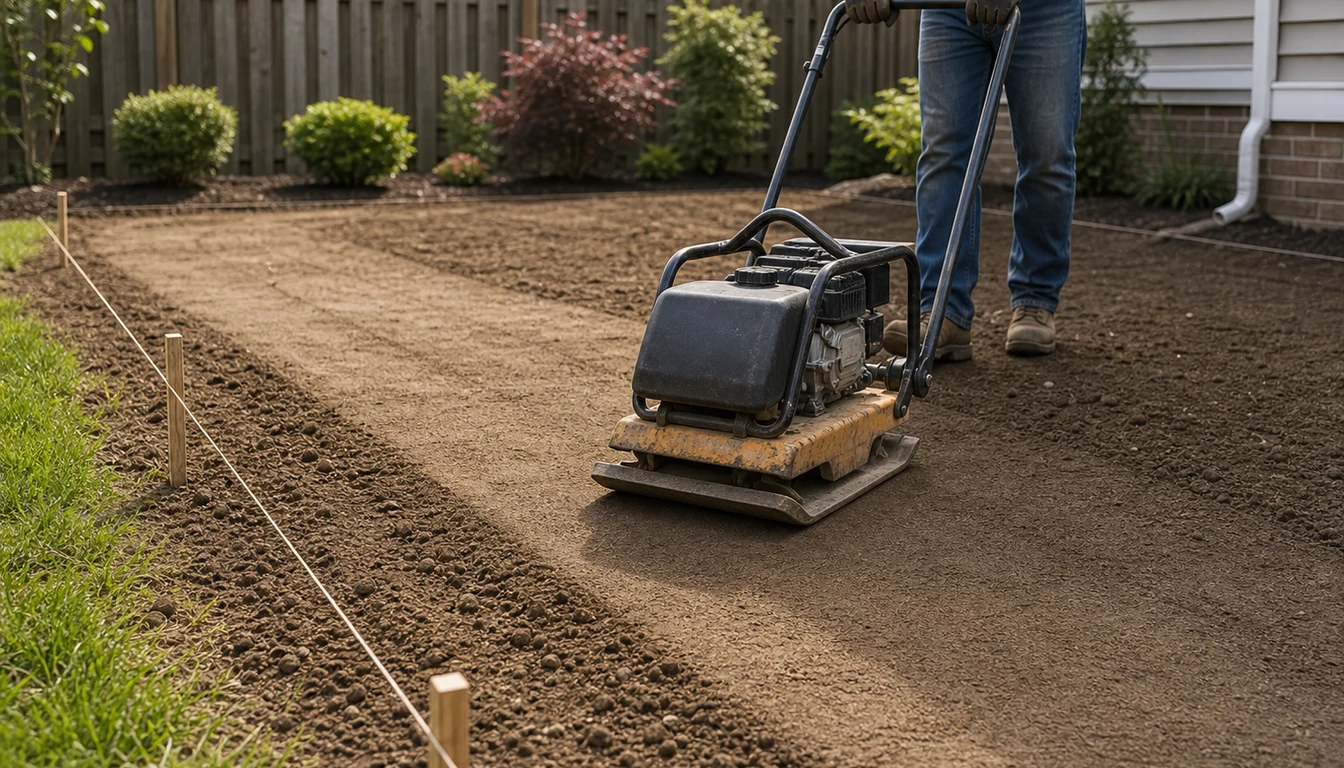 plate compactor being used on freshly graded backyard soil