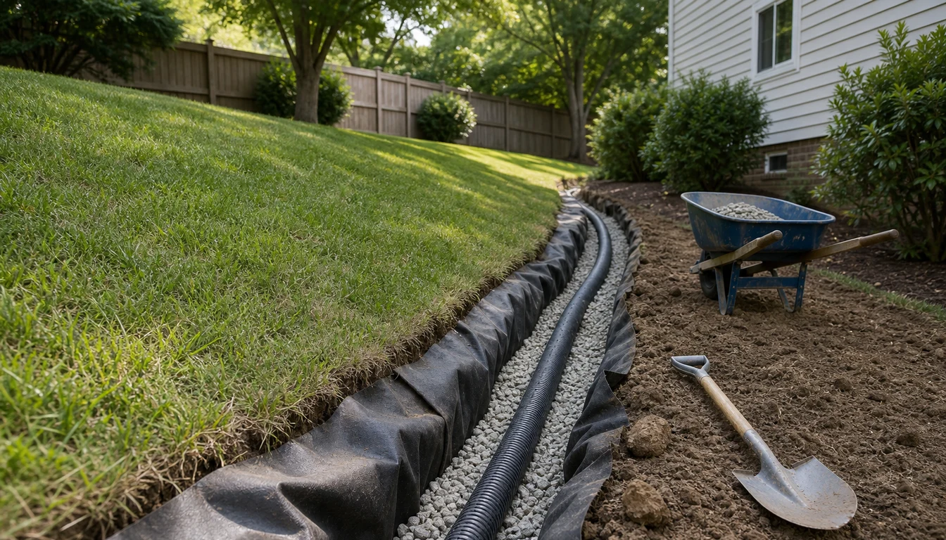 french drain trench with gravel and pipe along bottom of sloping yard