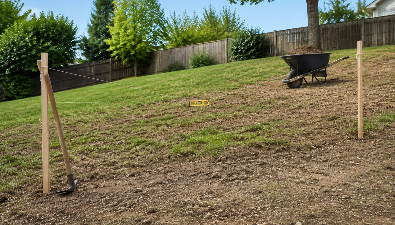 A noticeably sloping backyard with wooden grading stakes driven in at each end, a mattock leaning against one and a wheelbarrow standing on the higher ground