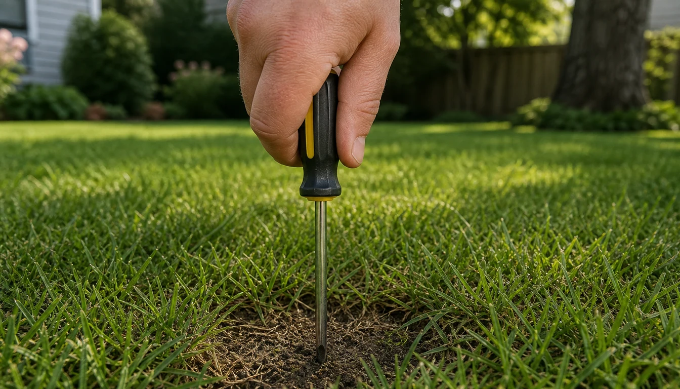 homeowner pushing screwdriver into lawn soil to test compaction