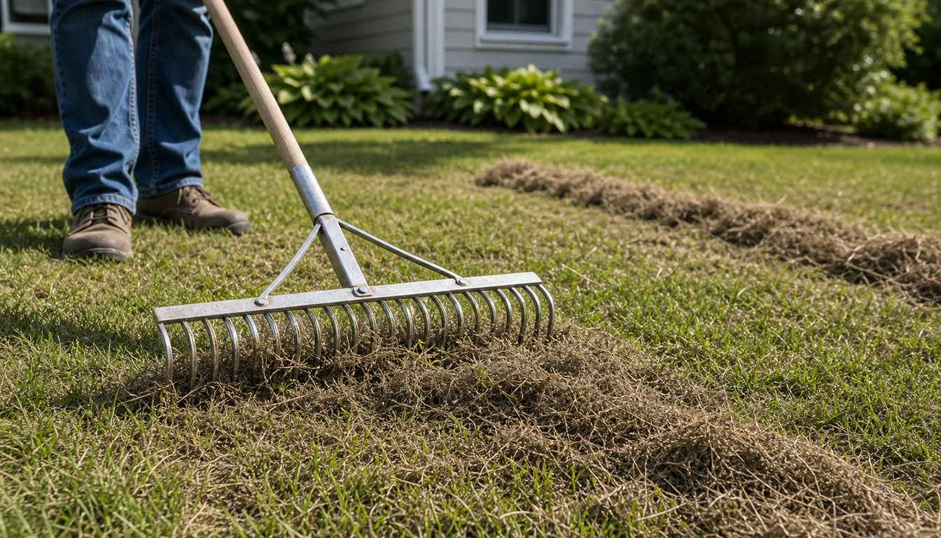 homeowner using a dethatching rake on short mowed lawn