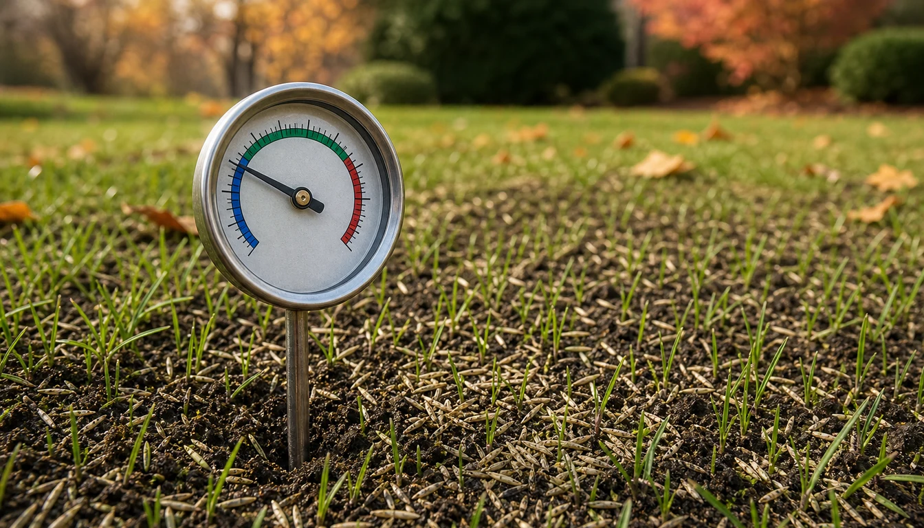 soil thermometer inserted in lawn showing temperature for overseeding
