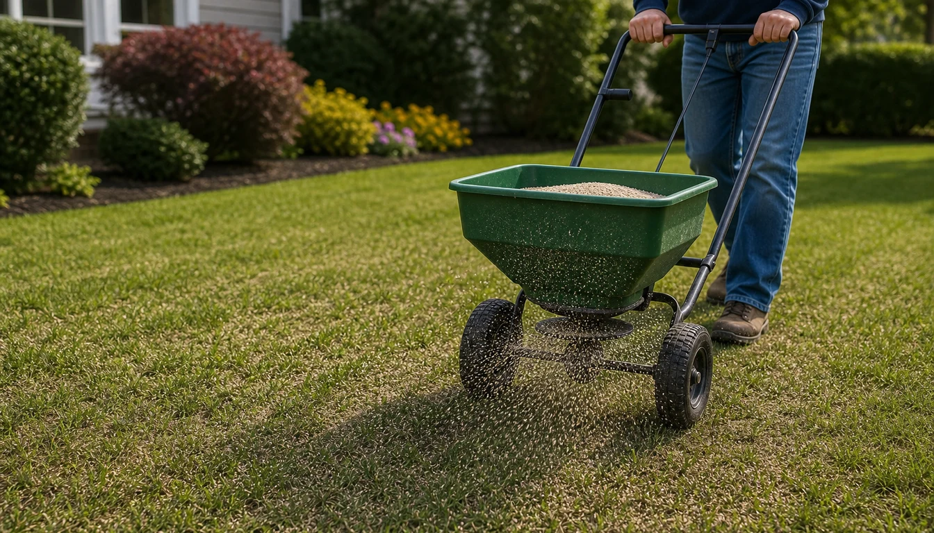 homeowner pushing broadcast spreader to overseed lawn without aerating