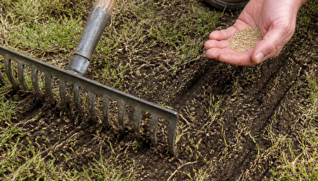 A steel garden rake dragged through a thin patchy lawn scratching open lines of bare soil, with a cupped handful of grass seed held ready above the ground