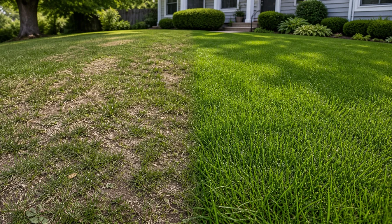 overseeded lawn before and after with visible bare spots filled