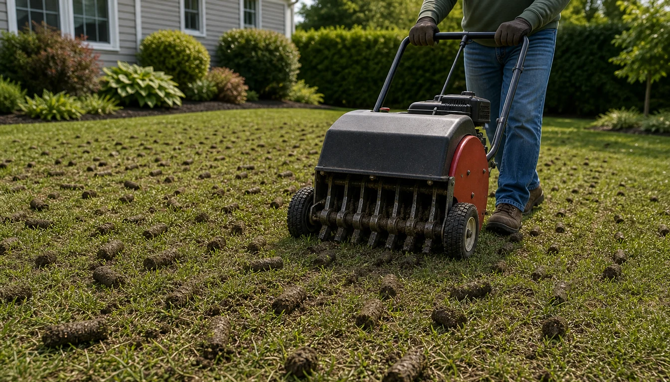 core aeration machine on lawn before overseeding