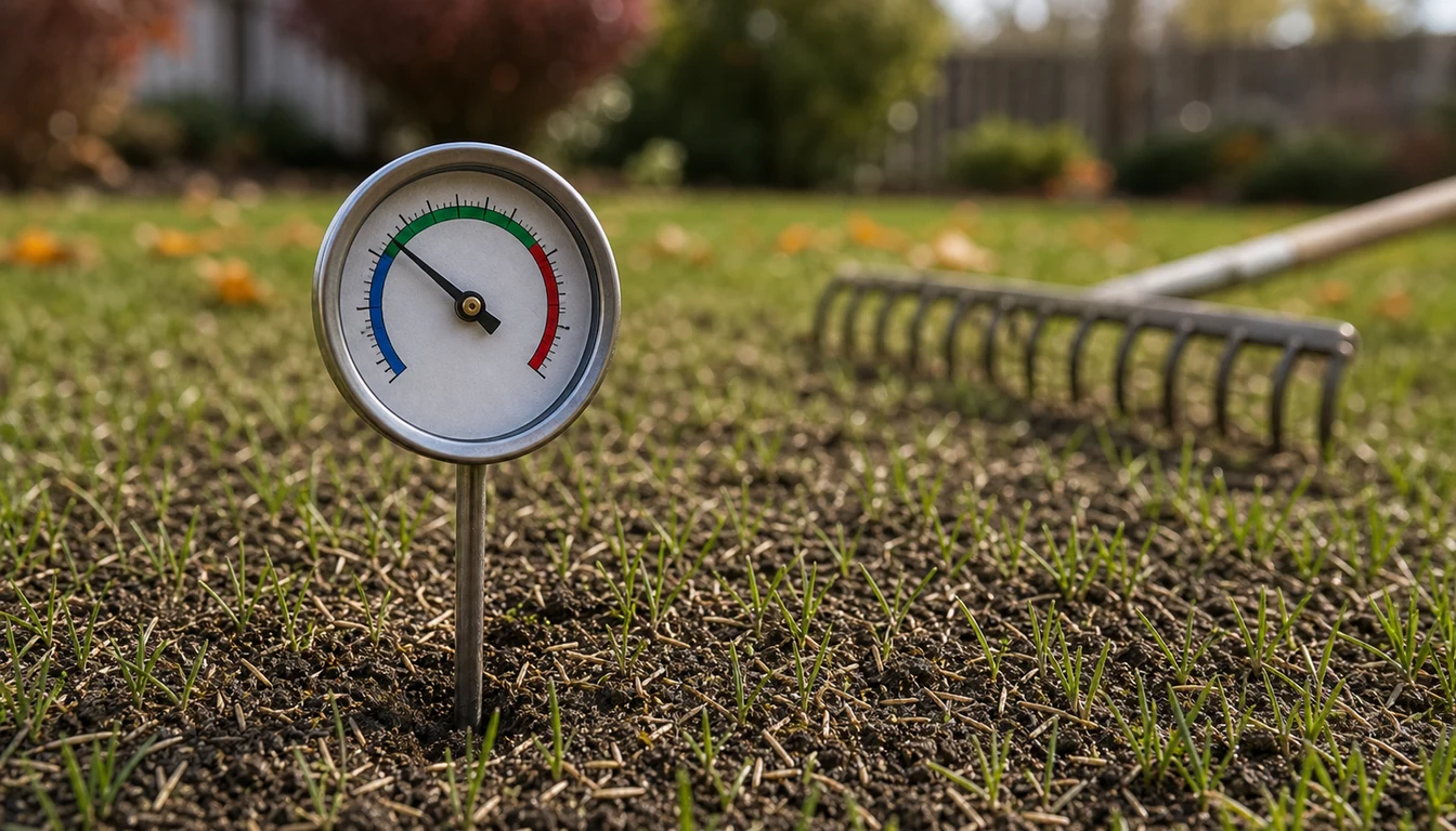 soil thermometer stuck in lawn showing temperature for overseeding