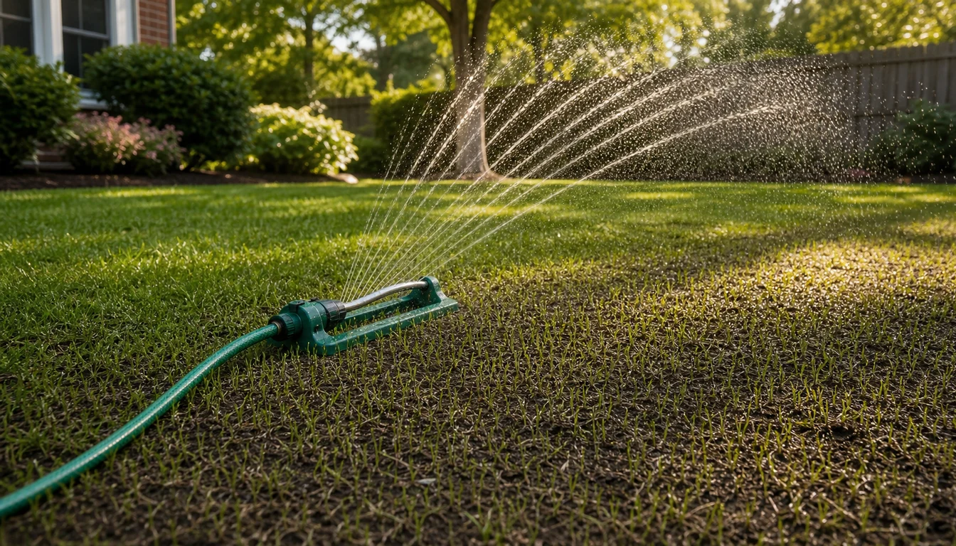 oscillating sprinkler watering newly overseeded lawn