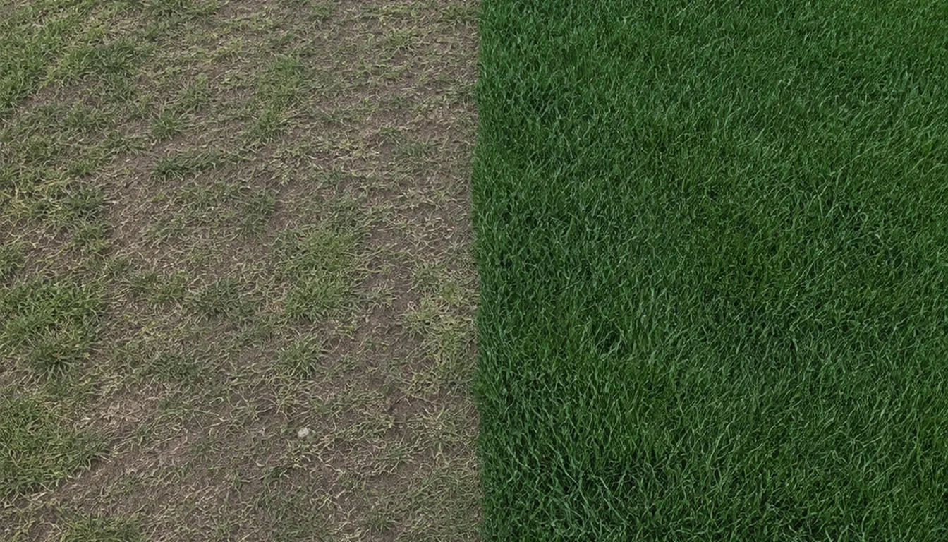 A lawn divided between thin worn turf with exposed soil and a dense green stand of grass