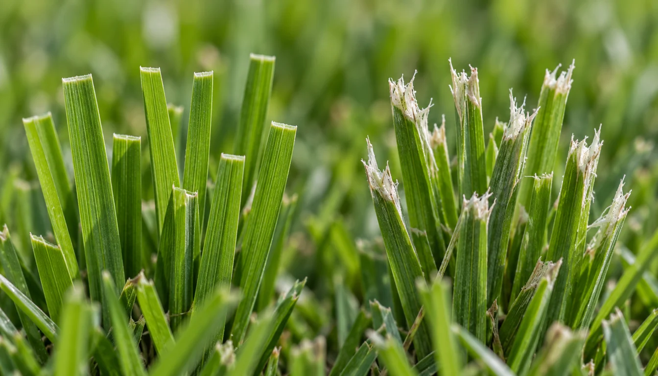 Close comparison of clean flat grass tips cut by a sharp blade and ragged white tips torn by a dull blade