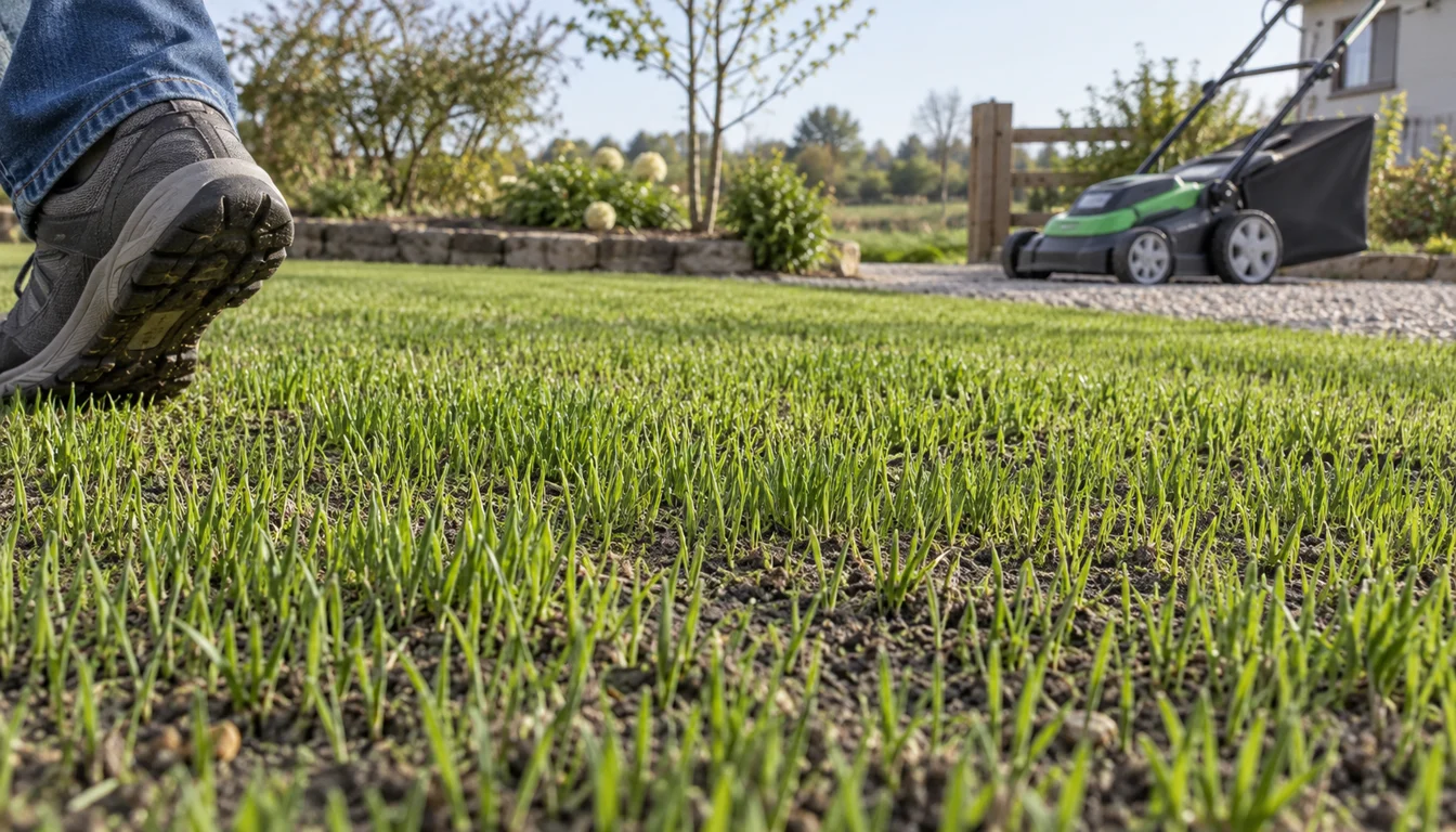 Shoe leaving a young seeded lawn where grass is springing upright and the firm soil shows no rut