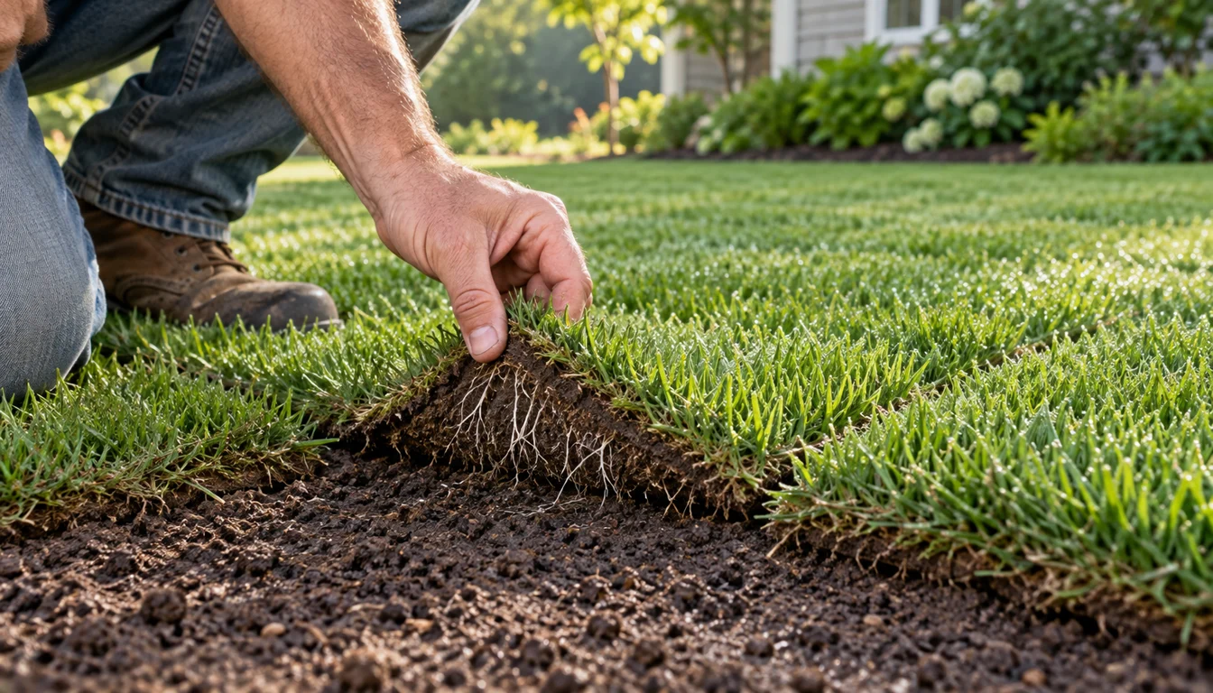 Gardener gently lifting a corner of new sod to see whether white roots connect it to the prepared soil